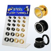 dapg56a display 24 dilataciones tunel acero quirurgico pvd negro dorado cristal claros 4mm 12mm distribuidor mayorista