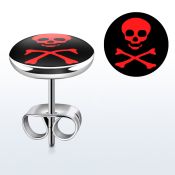 er197 par piercings oreja acero inoxidable logo calavera roja huesos cruzados fondo negro 10mm distribuidor