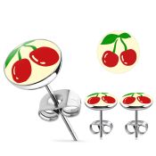 er204 par piercings oreja acero inoxidable logo cerezas estilo vintage fondo blanco 10mm distribuidor