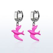 erh454 par pendientes huggie oreja acero inoxidable brillo espejo colgante pajaro color rosa distribuidor