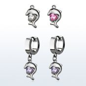 erhz300 par pendientes huggie oreja acero inoxidable brillo espejo colgante delfin zirconita redonda distribuidor mayorista