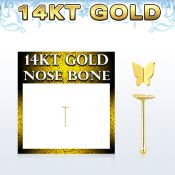 gbbt2 14kt gold nose bone, w plain gold butterfly shaped top
