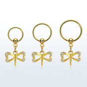 gold steel ball closure ring 16g w dangling dragonfly