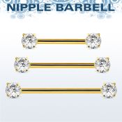 gold steel nipple barbell w prong set round czs