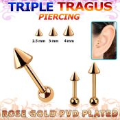 hexttbcn piercing tragus triple acero pvd oro rosa cono 2 5mm 4mm bola 3mm venta