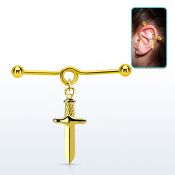 indtd17 gold plated steel industrial loop barbell w ball & dagger