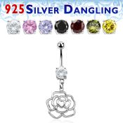 mcdvd10 steel cz belly banana w dangling silver rose