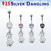 mcdvd15 316l steel belly banana w dangling sterling silver owl