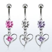 mcdz391 316l steel cz belly banana w dangling heart cz