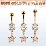 mdrz414 piercing ombligo acero 316l pvd oro rosa zirconita redonda 8mm colgante estrella zirconia redonda medio oro rosa mayorista