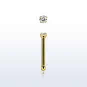 nbtzr15 gold steel nose bone, 20g w prong set 1.5mm round cz