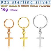 phod39 silver helix hoop earring w plain silver cross dangling