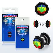 pkmp68 plug falso magnetico acrilico negro logo marihuana verde sobre rayas arcoiris anillos goma 8mm 1 pieza distribuidor mayorista