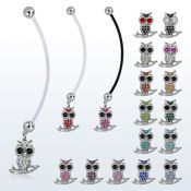 pnd465 pregnancy belly ring w crystal owl sitting on a branch