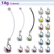 pnd472 pregnancy belly ring w dangling swan with crystals 