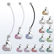 pndhrc5 piercing ombligo embarazada bolas 5mm acero colgante corazon doble cristal longitud 50mm mayorista