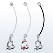 pndz362 pregnancy belly ring w dangling heart w a prong set cz