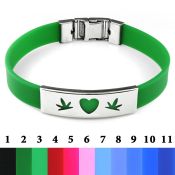 sbl26 brazalete banda piel color placa brillo espejo acero inoxidable corazon cortado entre hojas marihuana mayorista