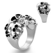 sr257 high polished steel ring with multiple black eyed skulls