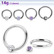 steel ball closure ring, 14g w 3mm bezel cz closure