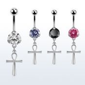 steel casting belly banana w cz & a dangling ankh cross 