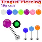 tlbglb4s 316l steel tragus labret 16g 4mm glow in the dark ball 