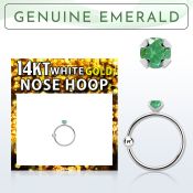 whge10 14kt white gold nose hoop w 2mm prong set emerald stone