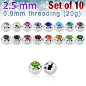 10 2.5mm 316l steel balls w crystals w 0.8mm threading