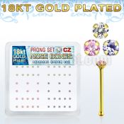 18nbzbm silver nose bone w 18k gold plating prong set clr cz