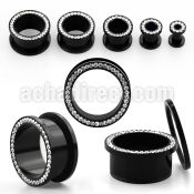 afemk black acrylic screwfit flesh tunnel with clear crystal