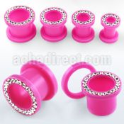 afemp pink acrylic screwfit flesh tunnel with clear crystal