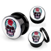 afpfff black acrylic screw fit plug with a sugar skull w rose