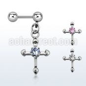 bber19 316l steel helix barbell with small cross w prong cz