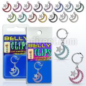 blcp723 fake belly clip w a dangling moon w the star w crystals 