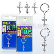 blcpz379 fake belly clip w dangling vintage cross with cz center 