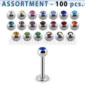 blk05 bulk of 316l steel labrets w 3mm bezel set jewel balls