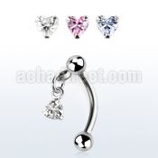 bnerv6 316l steel eyebrow banana w 3mm ball heart prong cz