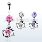 bnrz15 casted steel cz belly banana w dolphins swimming cz