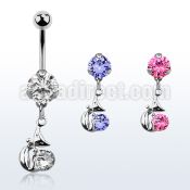 bnrz378 casted steel cz belly banana w lady cat design round cz