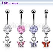 bnrz589 casted steel cz belly banana w small butterfly w cz