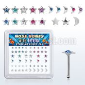 box w silver nose bone w star & moon tops w mix crystals