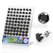 brescz2 316l steel earring stud with black prong cz stone