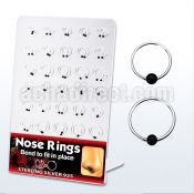 brnhp3 board of 925 silver nose hoops with black plated ball