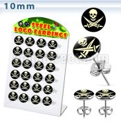 brser12 board of 316l steel ear studs with assorted skull logos