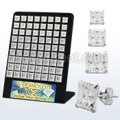 brsqv9 board of silver ear studs with clear prong set cz