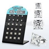 brssq3 silver ear stud with clear prong set square cz stone