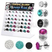 dacb134 board of 48 steel fake plugs w ferido swarovski crystals