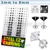 deqzg4 316l steel ear stud w 3 8mm square prong cz stone
