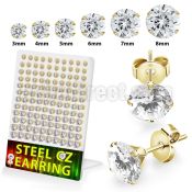 destzrg gold pvd 316l steel prong set ear studs round clear cz