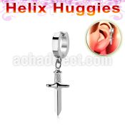 ehh768 high polished stainless steel huggie w a dangling dagger